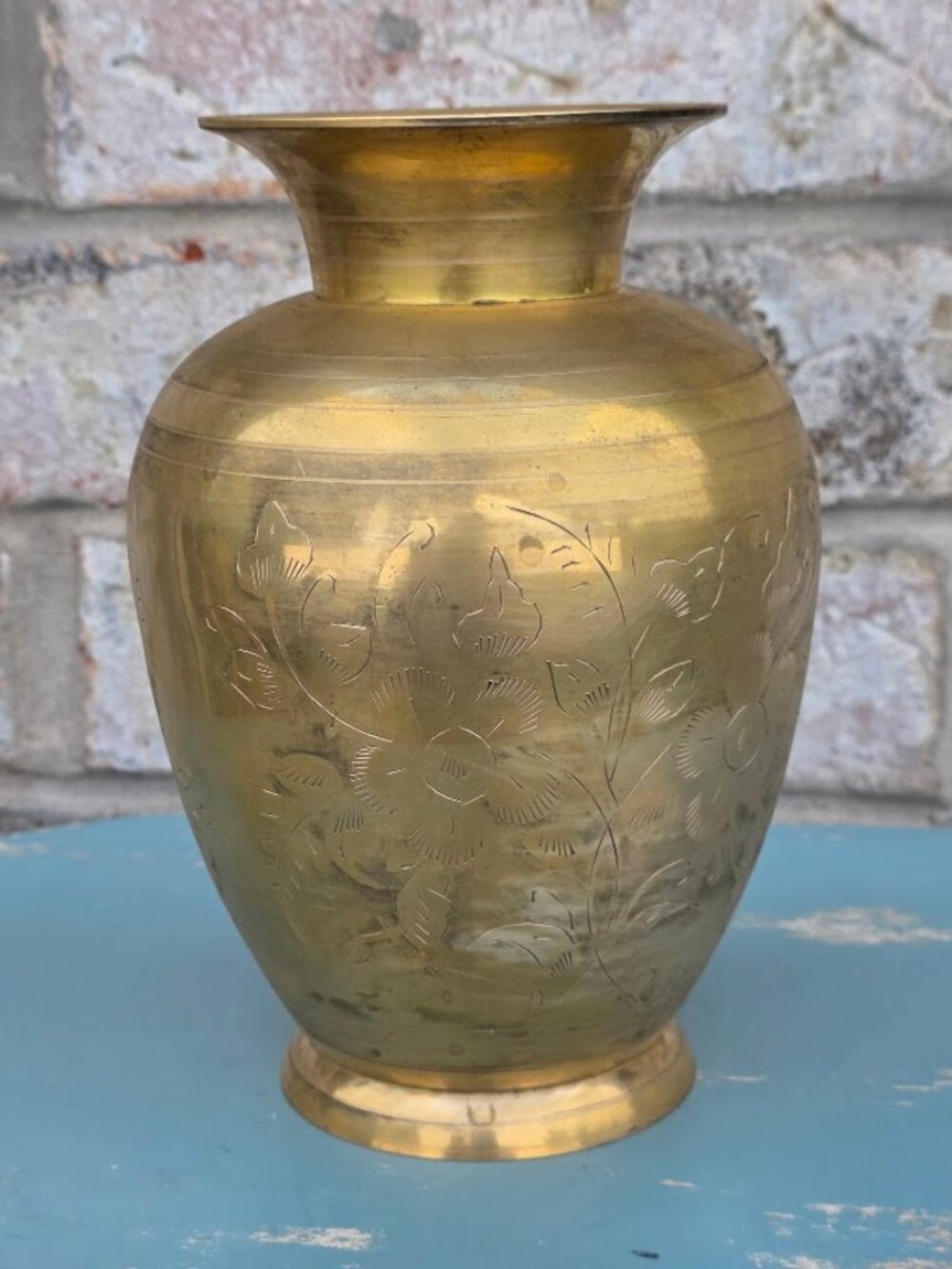 Vintage Solid Brass India Etched Floral Vase 7.5"